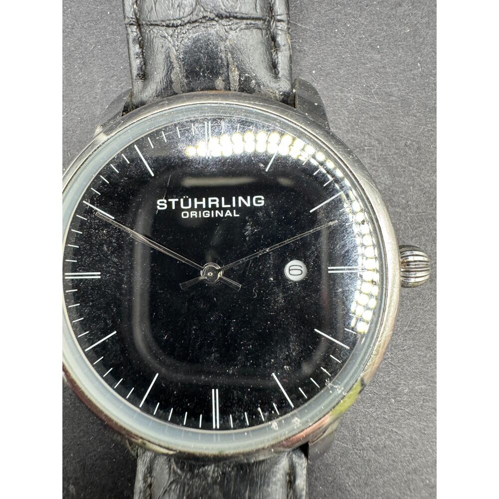 Stuhrling Original Men's 40 mm Ultra-Slim Black Dial Dress Watch Leather Band